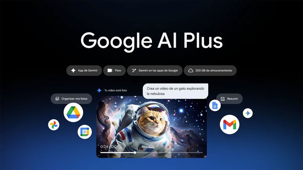 Captura de pantalla de la página de Google AI Plus mostrando un gato astronauta en el espacio con características del servicio listadas alrededor.