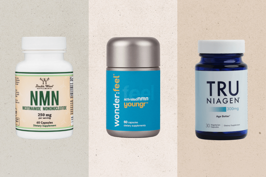 Three bottles of dietary supplements containing NAD precursors are displayed against a beige background: an NMN bottle from Double Wood Supplements on the left, a blue WonderFeel Younger bottle in the center, and a blue Tru Niagen bottle on the right.