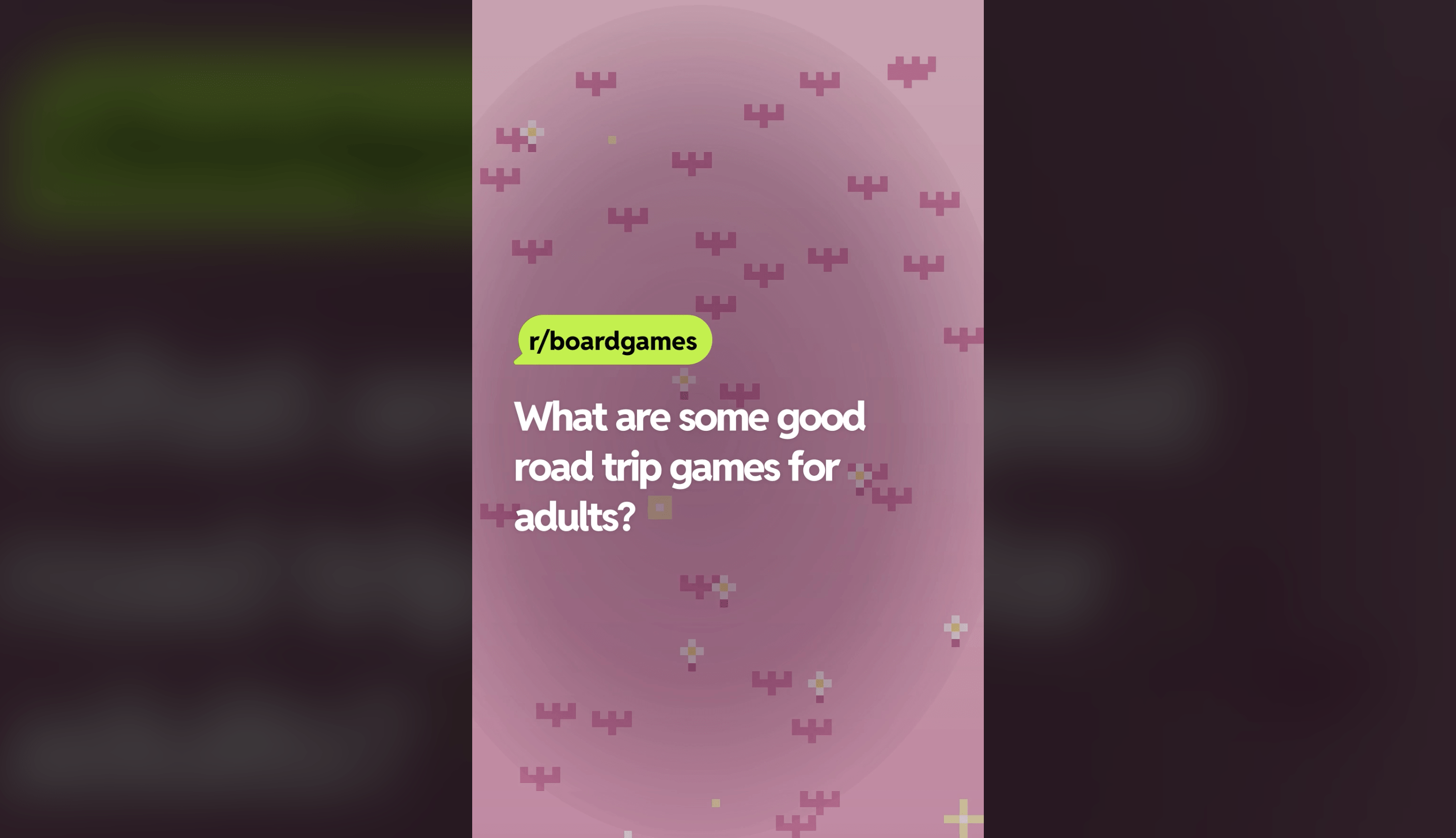 A screenshot from a Reddit post on r/boardgames with pixel-art style invaders in the background and text asking "What are some good road trip games for adults?"