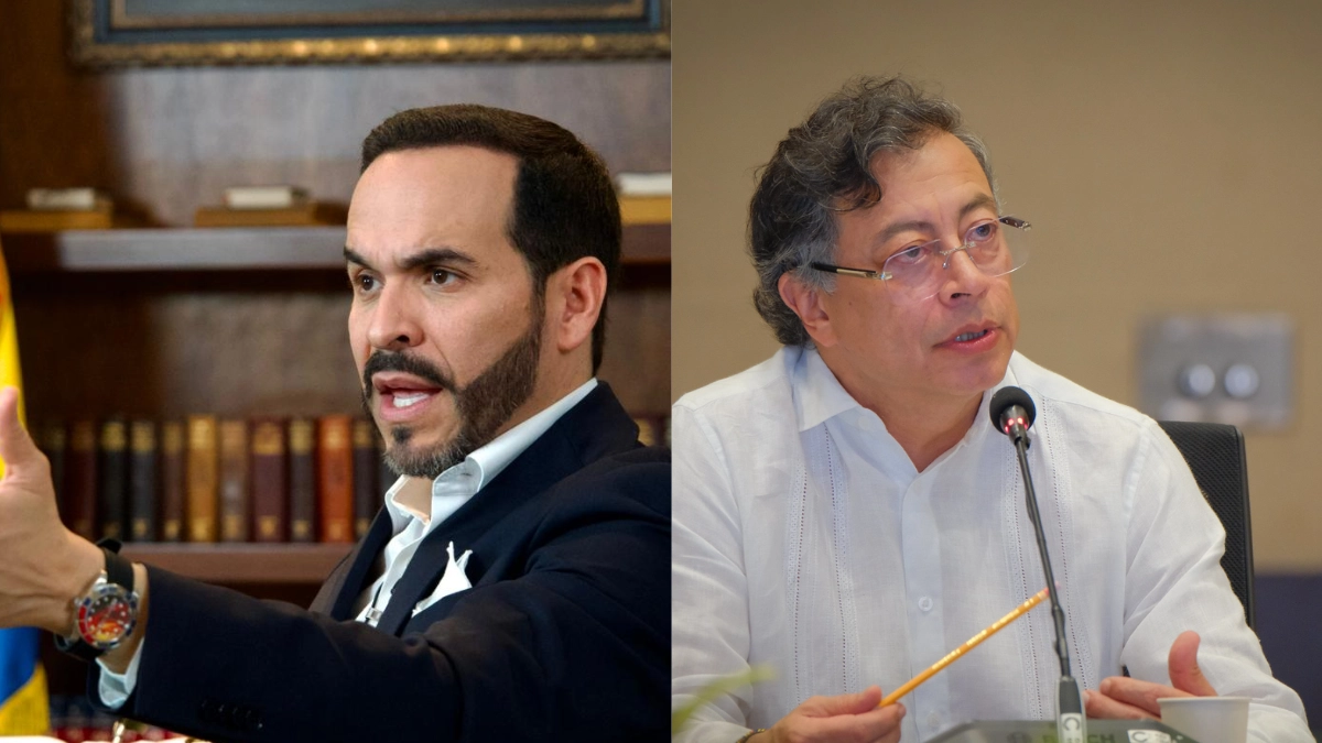 Two men in formal suits in different spaces: one in a room with institutional decoration and Colombian flag, the other at a conference table with a microphone.