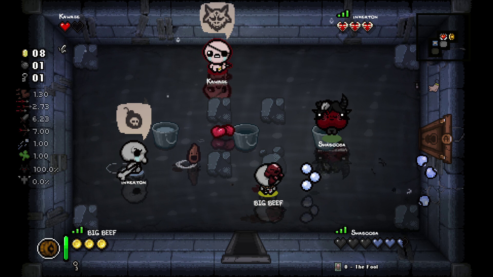 Screenshot of The Binding of Isaac video game showing four playable characters (Kawase, Inkerton, Big Beef and Shabooga) in a dungeon room with various items and game elements visible on the interface.