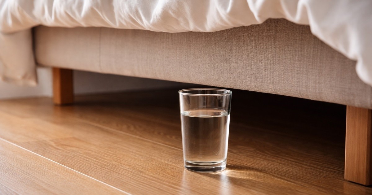 Un vaso de agua transparente lleno sobre un piso de madera junto a una cama con sábanas blancas y estructura tapizada beige.