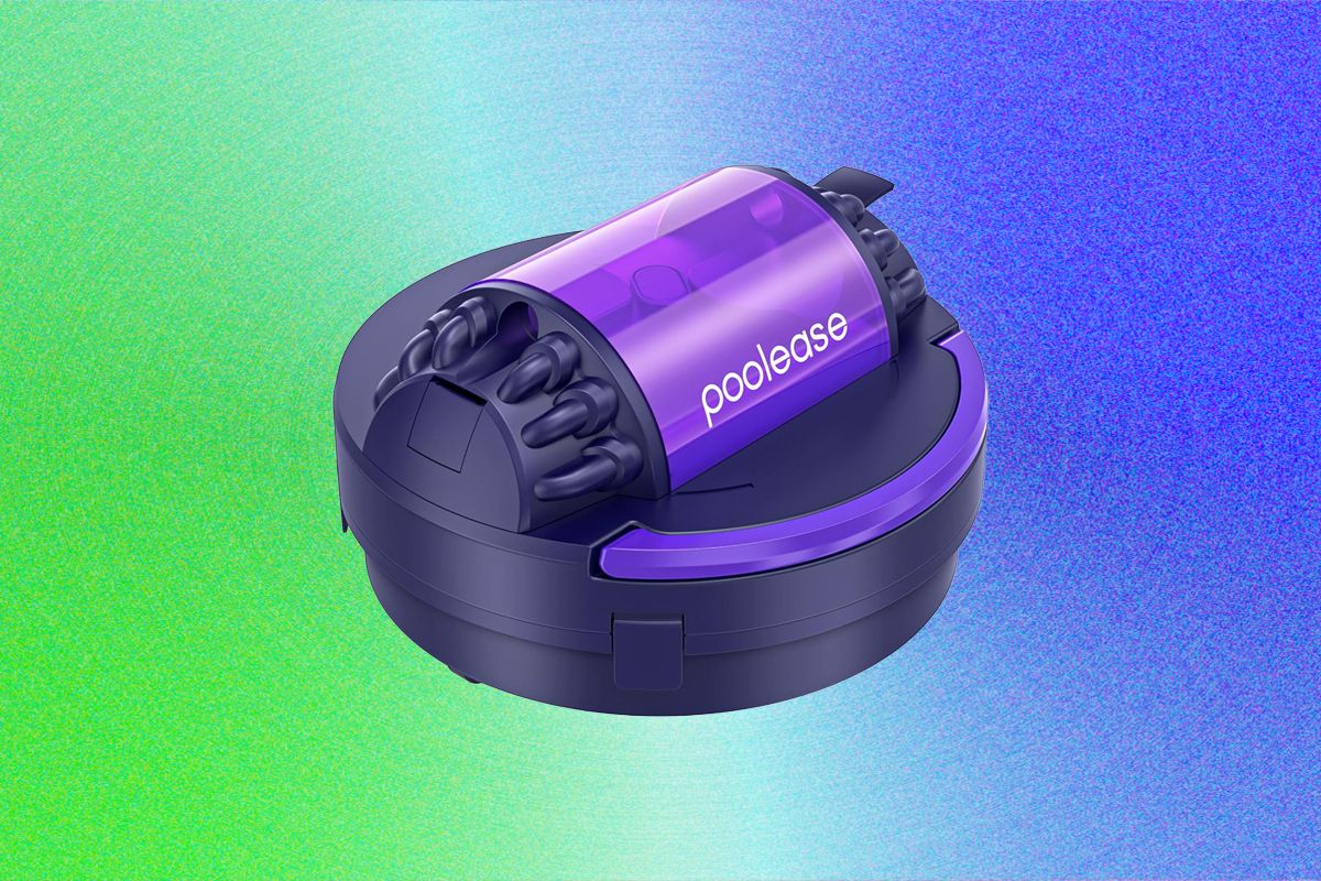 A purple and black robotic pool cleaner device with a rounded disc-shaped base and motorized brush head against a gradient background transitioning from green to blue.