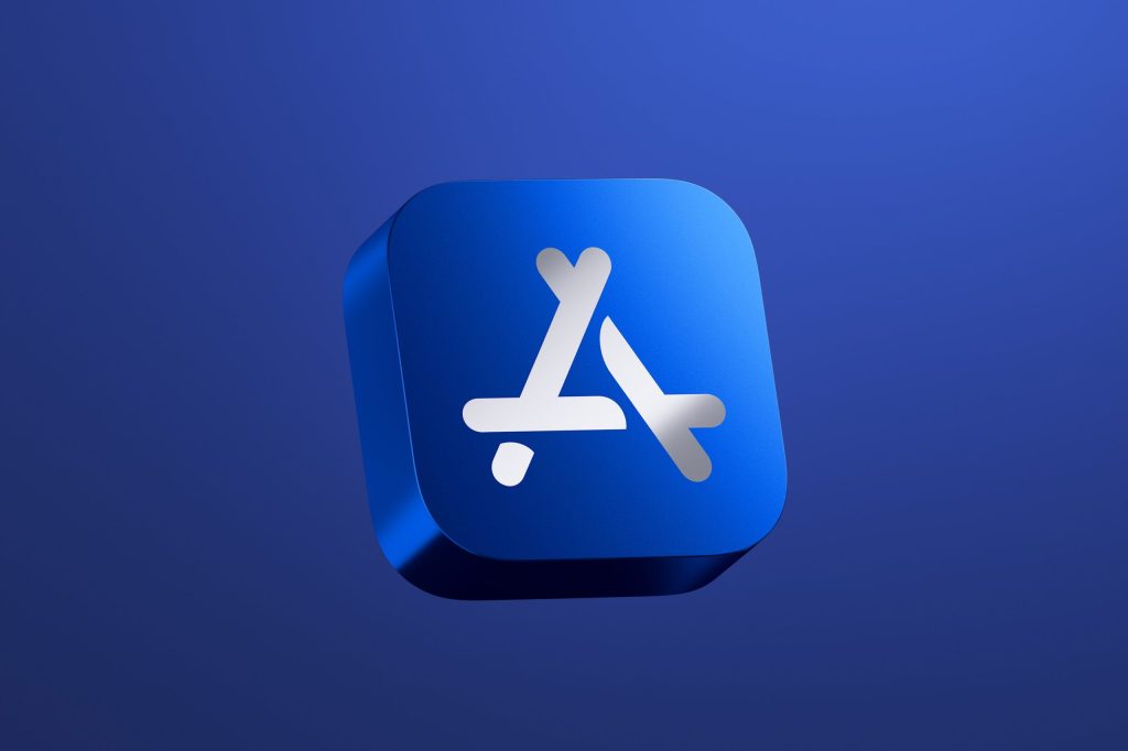 El logo del App Store de Apple, un símbolo blanco en forma de "A" sobre un fondo azul degradado en una tarjeta redondeada.
