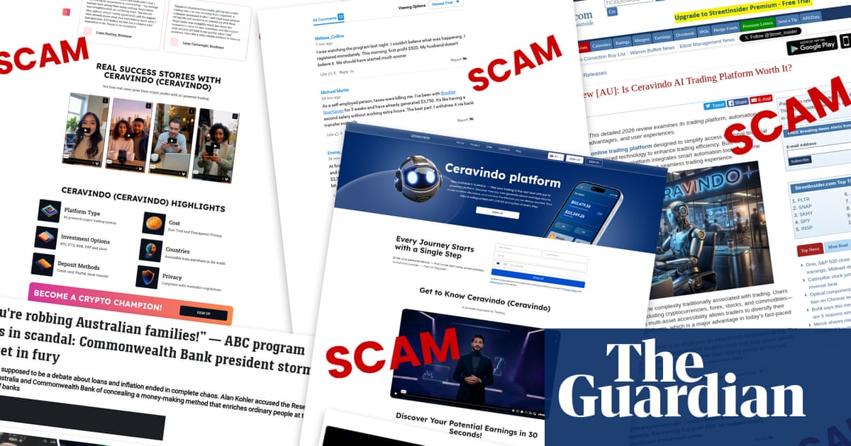 A composite image showing multiple screenshots of scam websites and materials, with large red "SCAM" text overlaid, including content related to Ceravindo cryptocurrency platform and news articles about fraud.