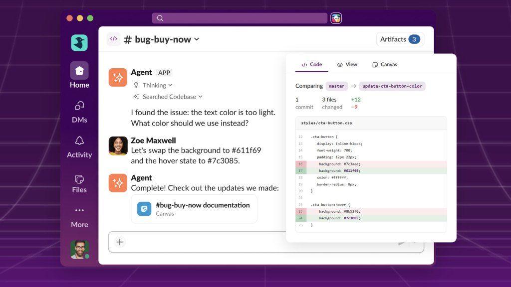 Captura de pantalla de la interfaz de Slack mostrando una conversación sobre un problema de programación, con una ventana de editor de código que muestra cambios CSS en el lado derecho.