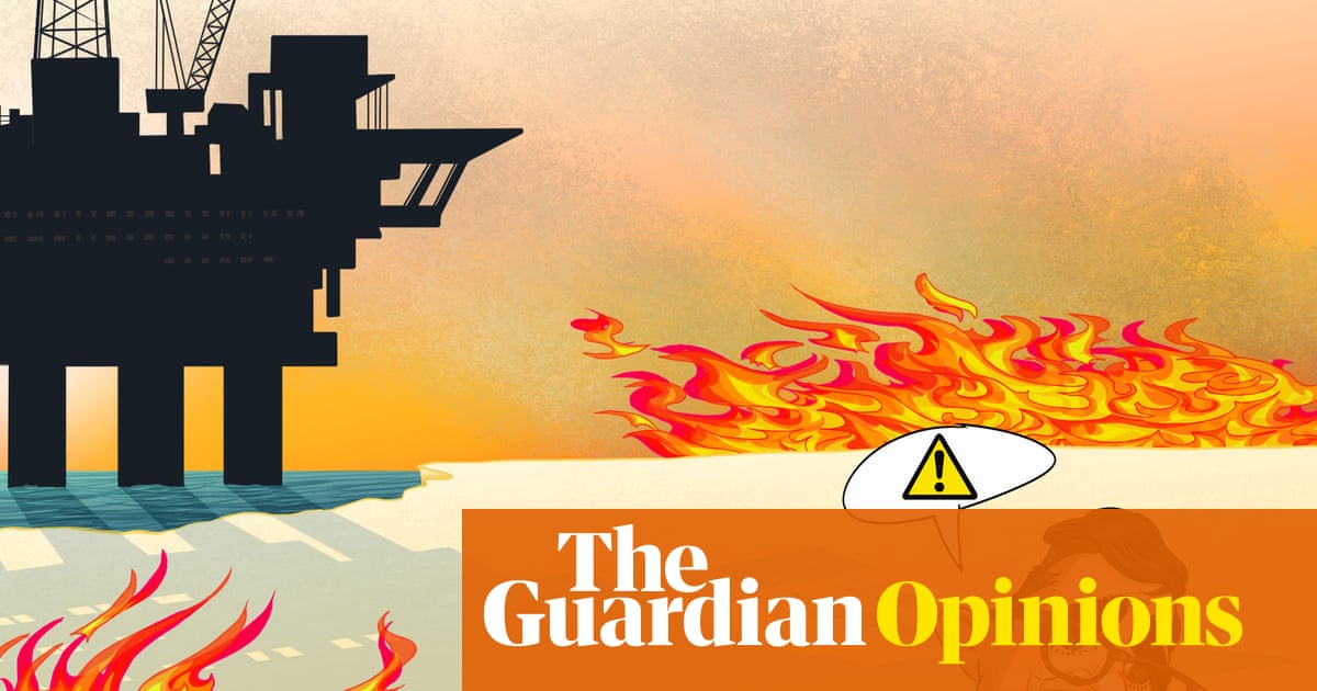 An illustration showing an oil rig silhouette on the left against a yellow and orange sky, with large flames on the right and a warning symbol in the center.