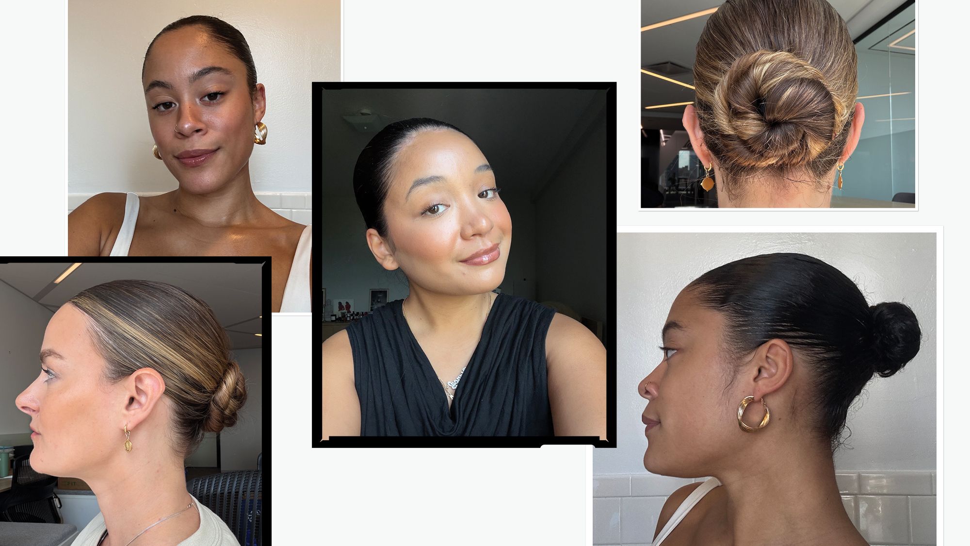 A collection of five photographs showing different slicked-back bun styles on women of diverse ethnicities, including smooth low buns, wavy high buns and buns styled at different angles.