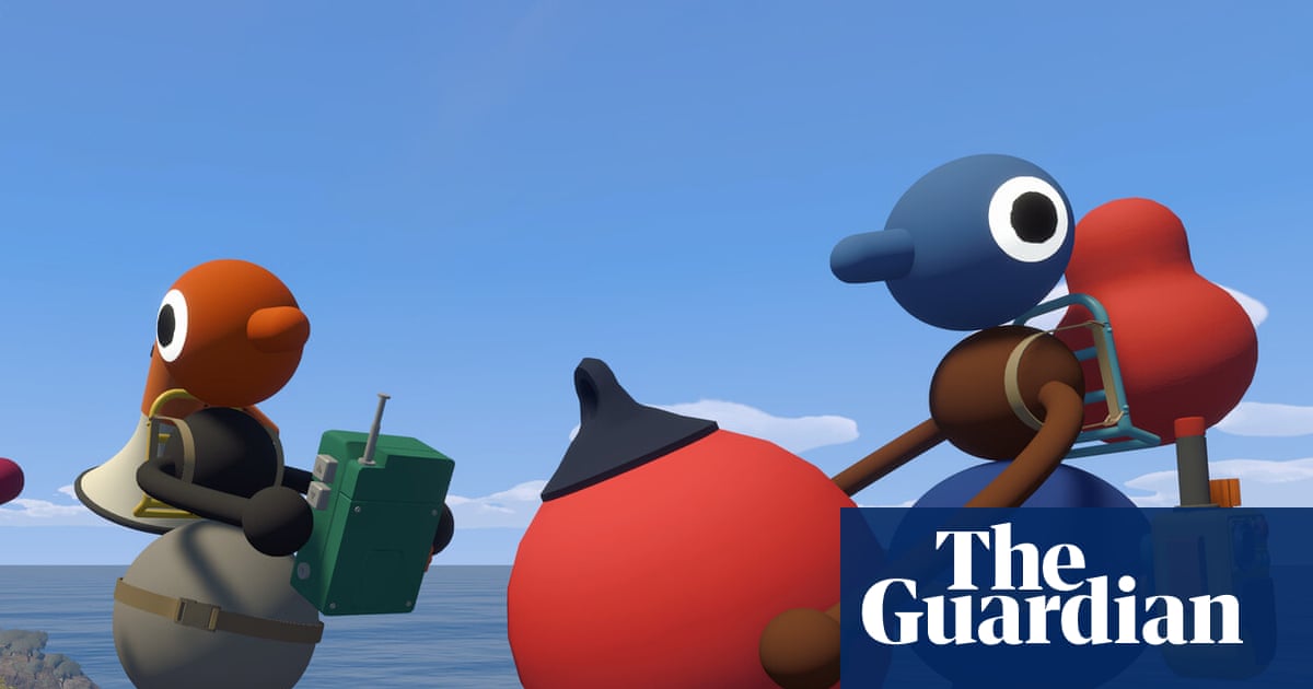 Colorful animated characters with large eyes and round bodies stand against a blue sky and ocean backdrop, with one character holding a green object.