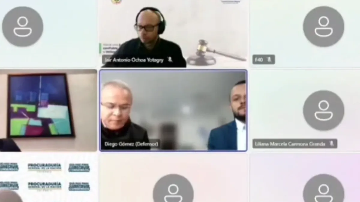 Captura de pantalla de una videoconferencia judicial que muestra a varios participantes en ventanas diferentes, incluyendo un juez, un defensor y otros asistentes en una sala virtual.