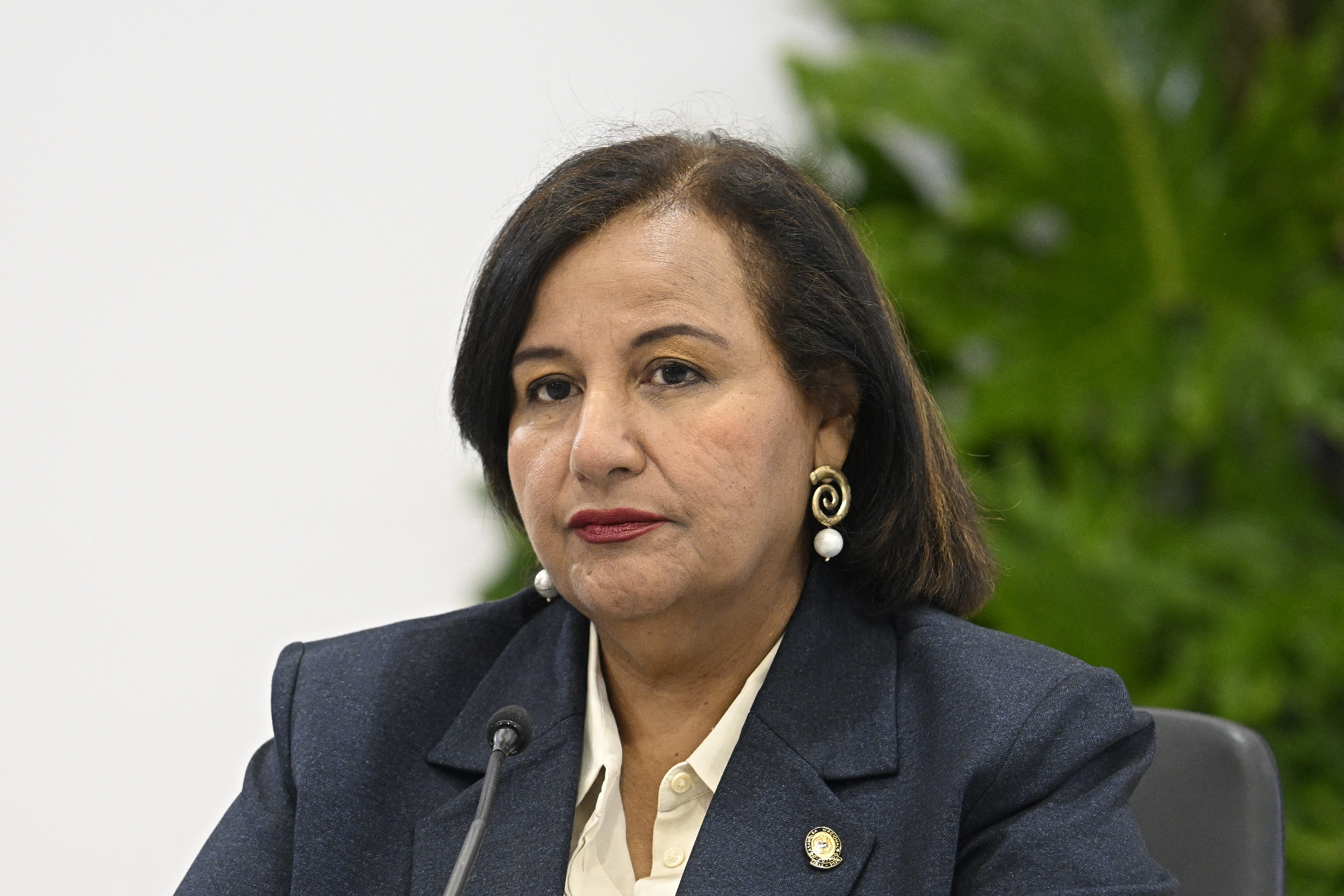 Middle-aged woman with long dark hair wearing a dark suit and light-coloured blouse with a microphone in front of her at what appears to be a press conference.