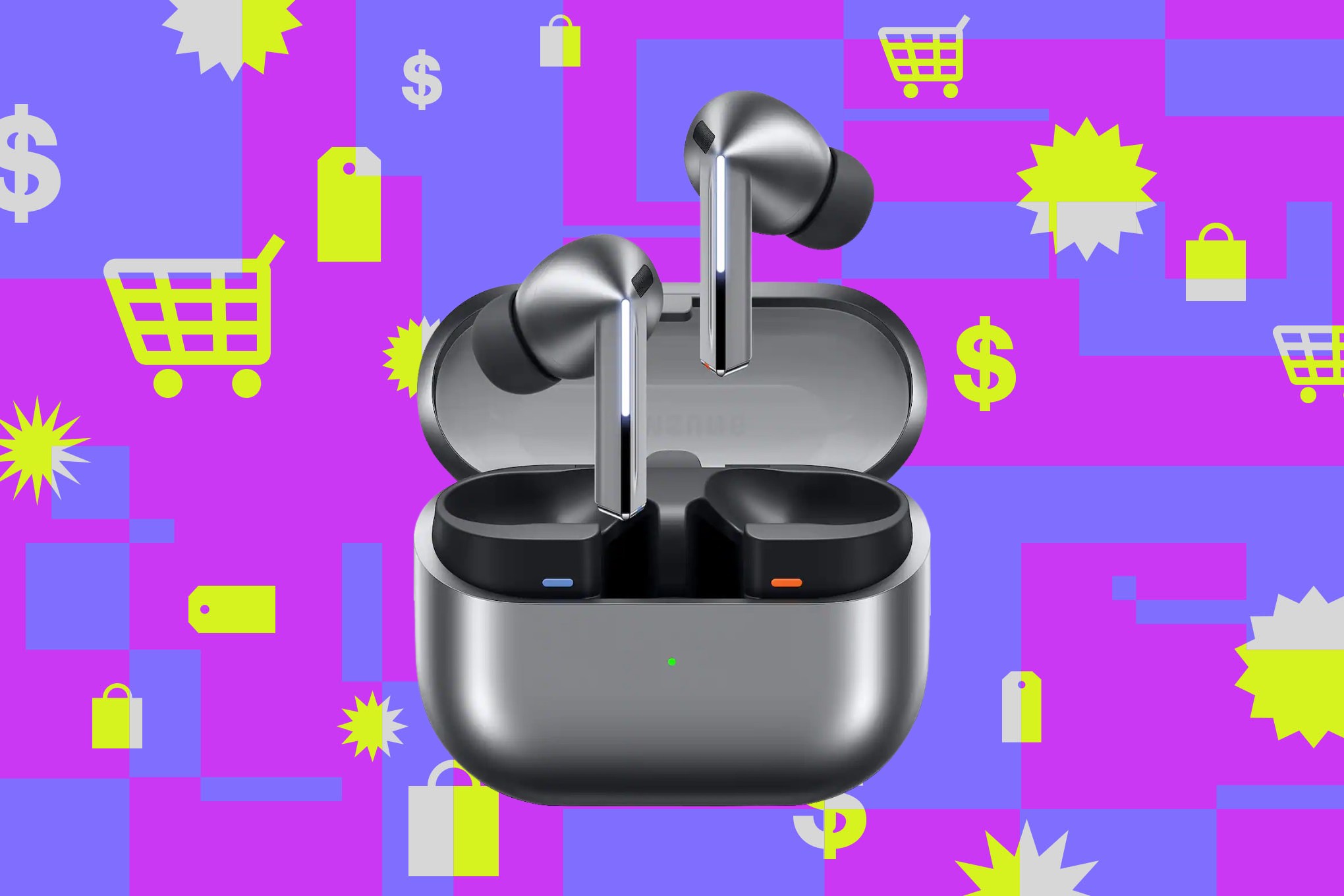 Los Galaxy Buds 3 Pro de Samsung con estuche de carga plateado en el centro, rodeados de iconos de compra como carritos, etiquetas de precio y símbolos de dólar sobre un fondo púrpura y magenta.