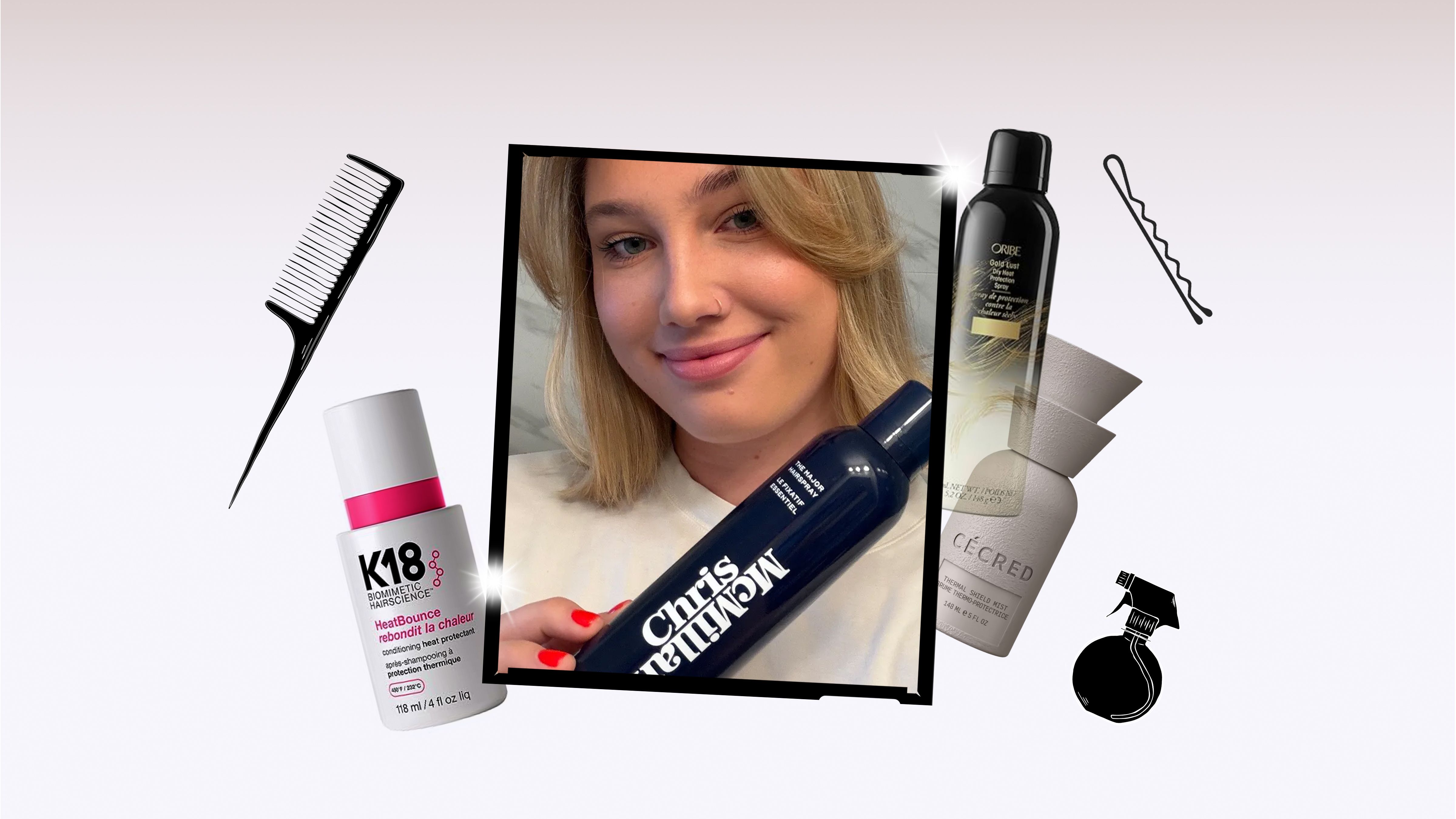 Una mujer de cabello rubio sostiene una botella de protector térmico mientras sonríe a la cámara, rodeada de productos de cuidado capilar como botellas de spray, peine y accesorios para el cabello.