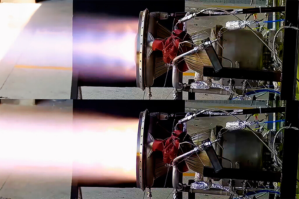Composite image showing test frames of a rocket engine firing with bright purple and orange flames, displayed alongside technical equipment and engine components in what appears to be a test facility.