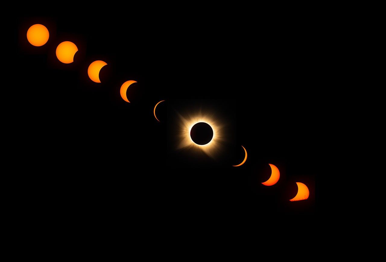 Sequence of eight phases of the total solar eclipse from before contact through after, showing the Moon's progressive darkening in front of the Sun, culminating in totality with the solar corona visible as a luminous ring around the dark lunar disc.
