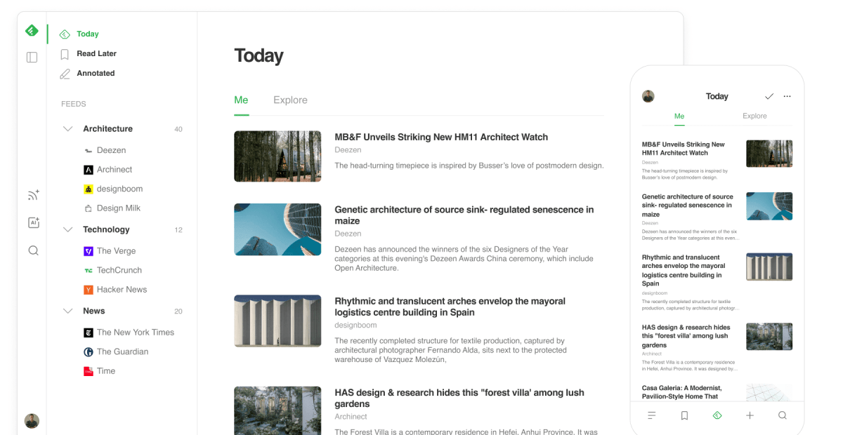Una captura de pantalla de la interfaz de Feedly mostrando la sección "Hoy" con varios artículos de noticias sobre arquitectura, incluyendo proyectos de diseño y estructuras arquitectónicas.