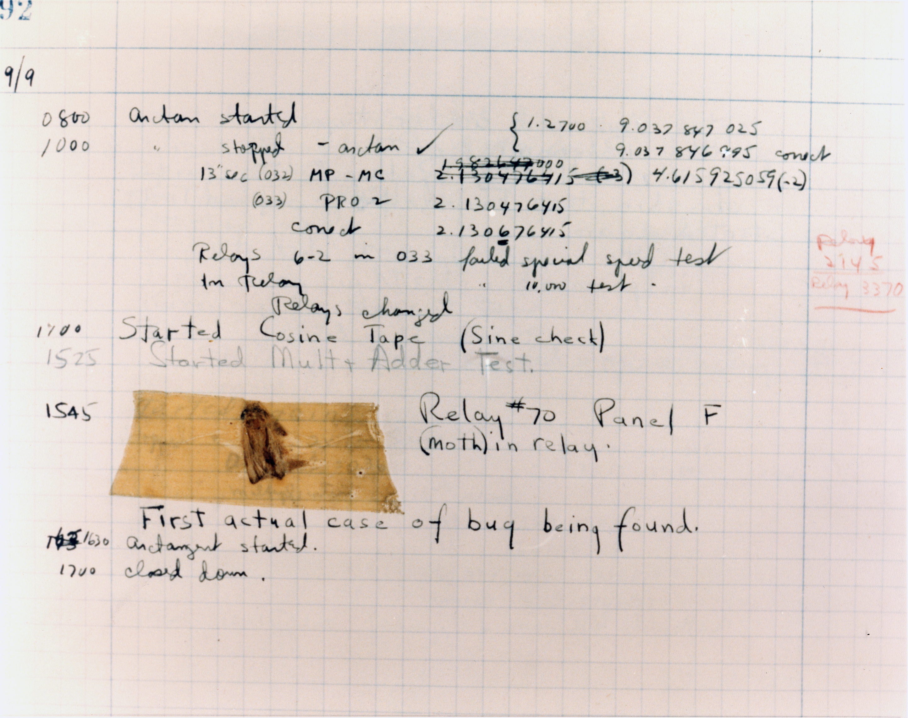 A historical laboratory notebook page dated 9/9 with handwritten notes, technical data, and a taped specimen of a moth on grid paper.