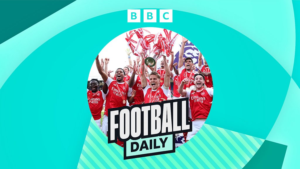 The BBC Football Daily logo with an image of Arsenal players in red uniforms celebrating with a trophy, on a turquoise background with geometric design.