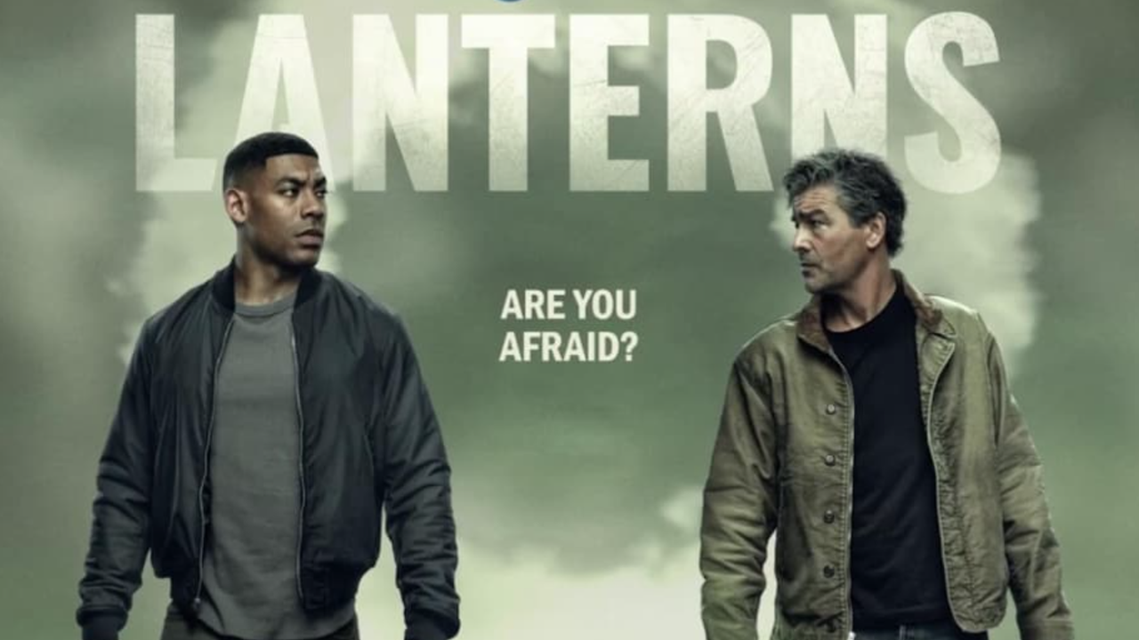 Two men walk together in a cloudy, desert landscape, with the title "LANTERNS" in large white letters above and the text "ARE YOU AFRAID?" in the centre of the image.