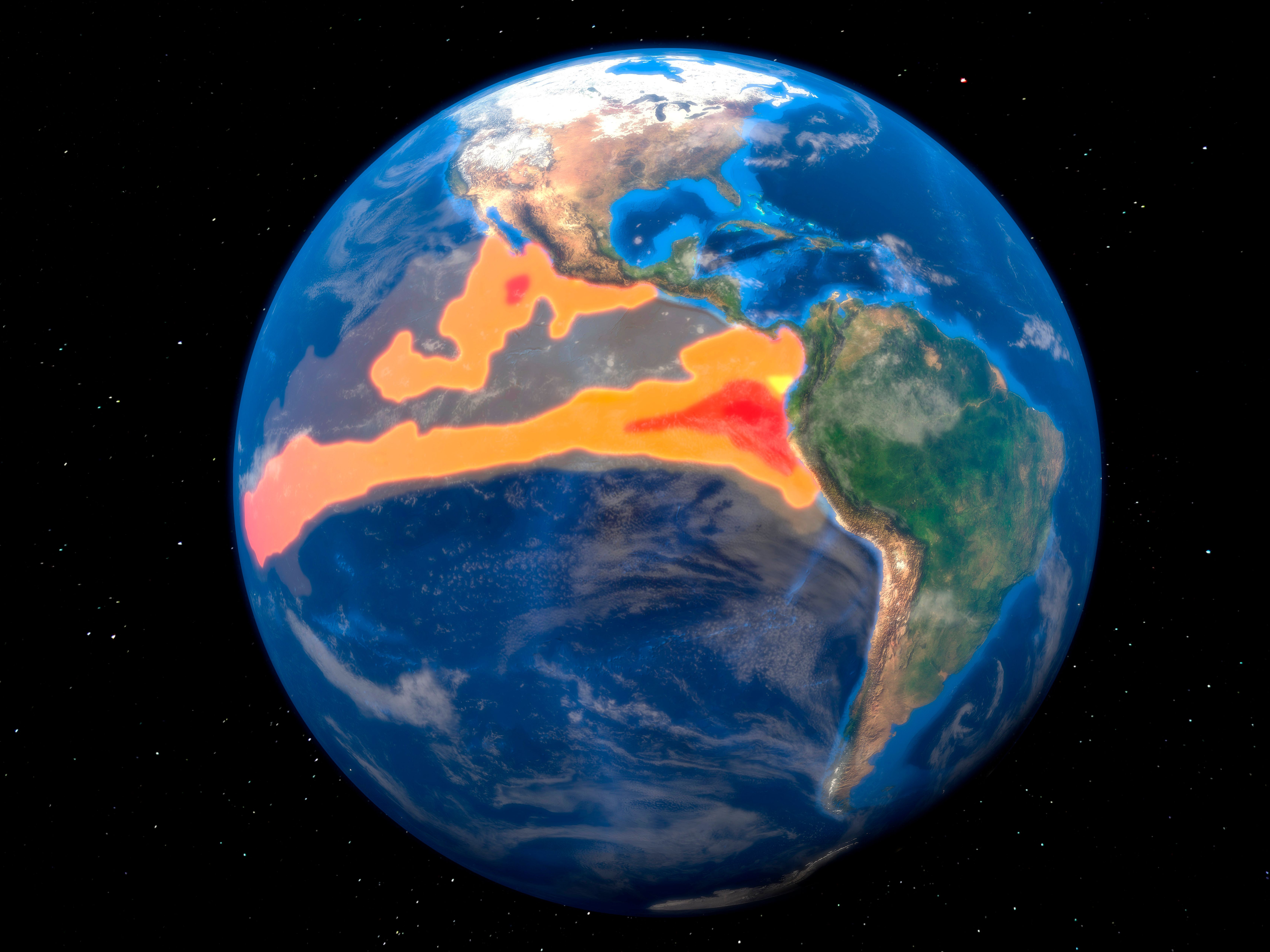 A globe showing Earth with orange and red heat overlay highlighting the Atlantic Ocean and surrounding regions, indicating temperature anomalies.