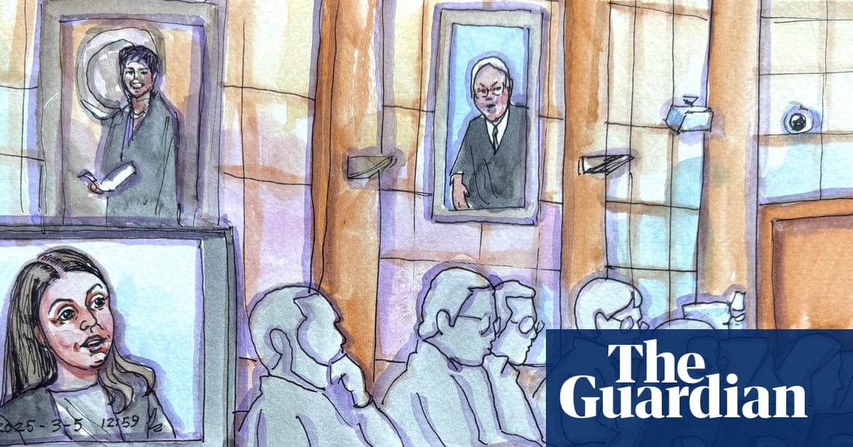 A courtroom sketch showing a woman in the foreground and several people seated in the background, with portraits visible on the wall behind them.