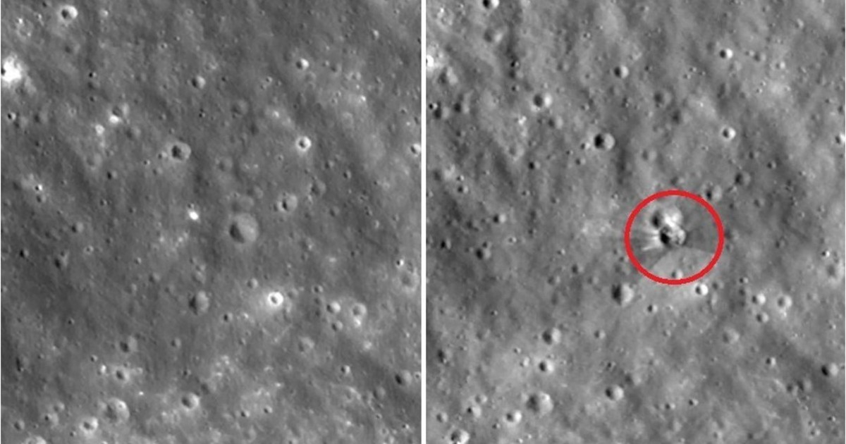Side-by-side lunar surface images showing before and after impact, with the right image highlighting a bright crater formation with a red circle.