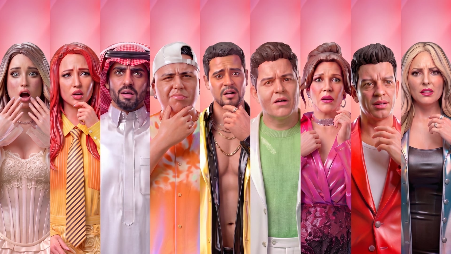 Nine people with different colorful outfits and expressions stand in a line against a pink background, many with their hands near their faces showing contemplative or concerned expressions.