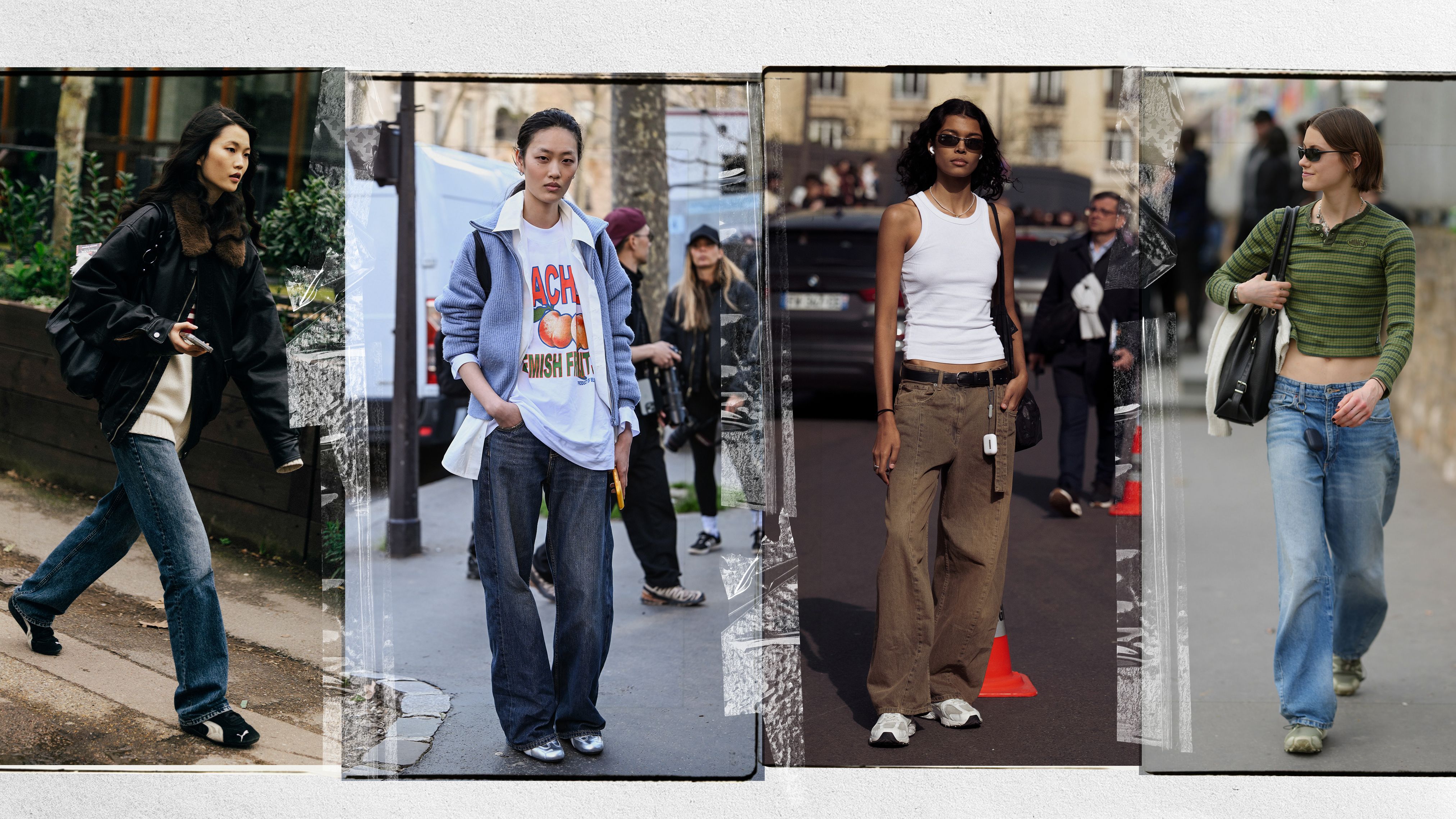 Five photographs arranged side-by-side showing different people wearing sneakers paired with jeans in urban street settings.