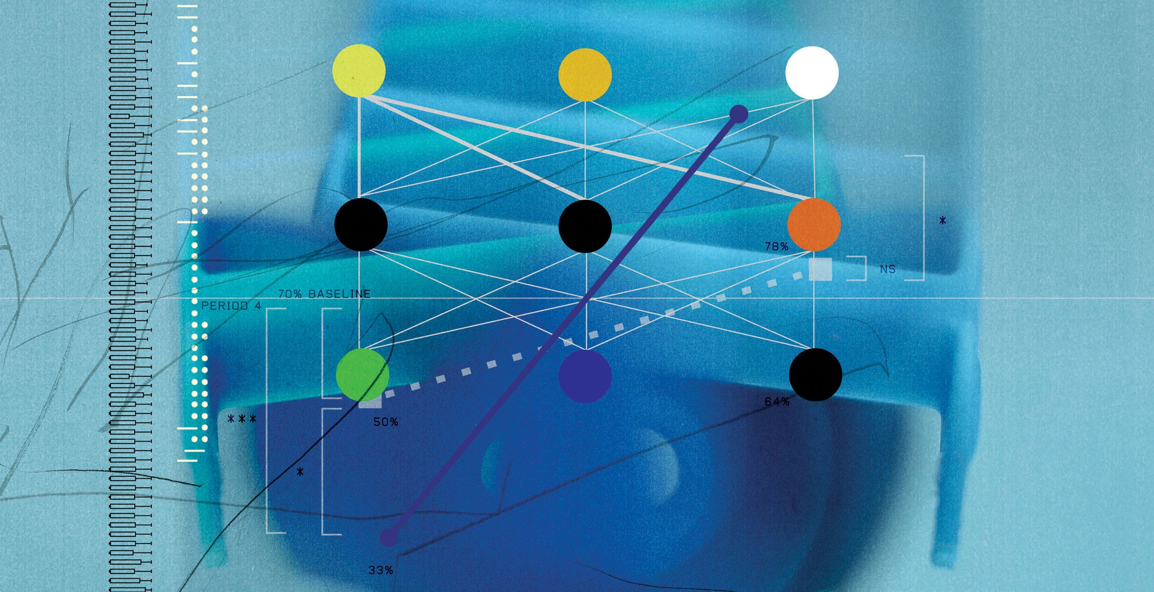 Una gráfica técnica con fondo azul degradado que muestra una red de nodos conectados por líneas, con porcentajes y elementos de datos visuales.