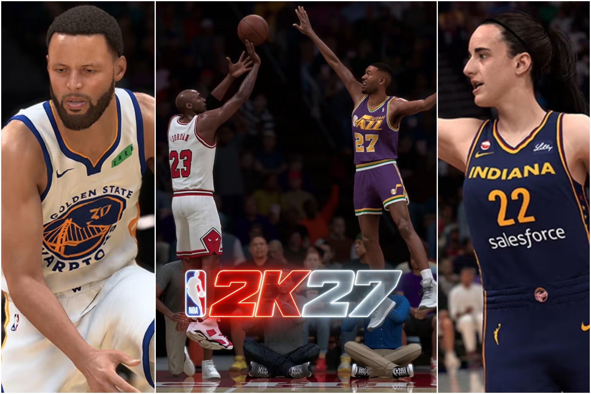 Collage showing four basketball players in different NBA team uniforms from the video game NBA 2K27, with the game's logo displayed in the centre.