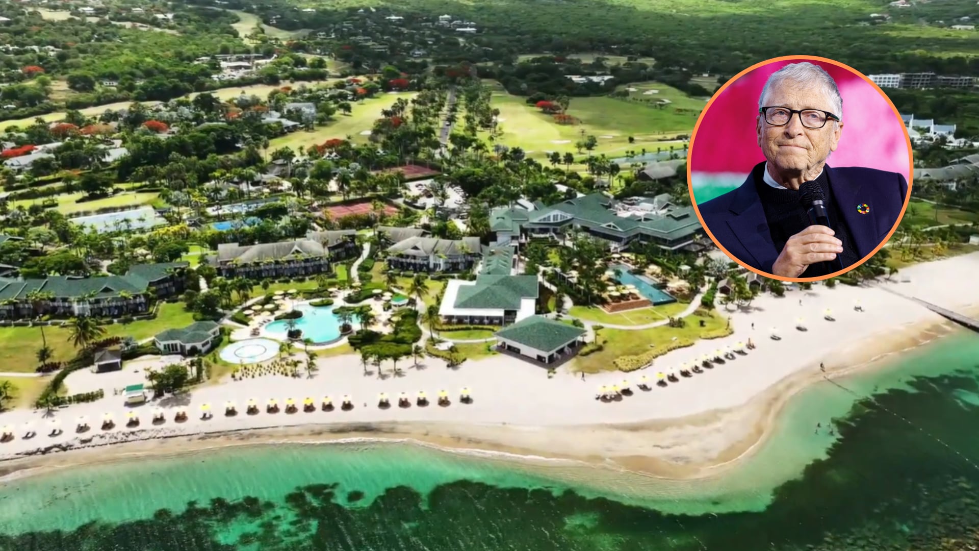 Aerial view of a beachfront resort with green grounds, multiple buildings with green roofs, swimming pools, and white sand beach with turquoise water, alongside a circular portrait of an older man wearing glasses