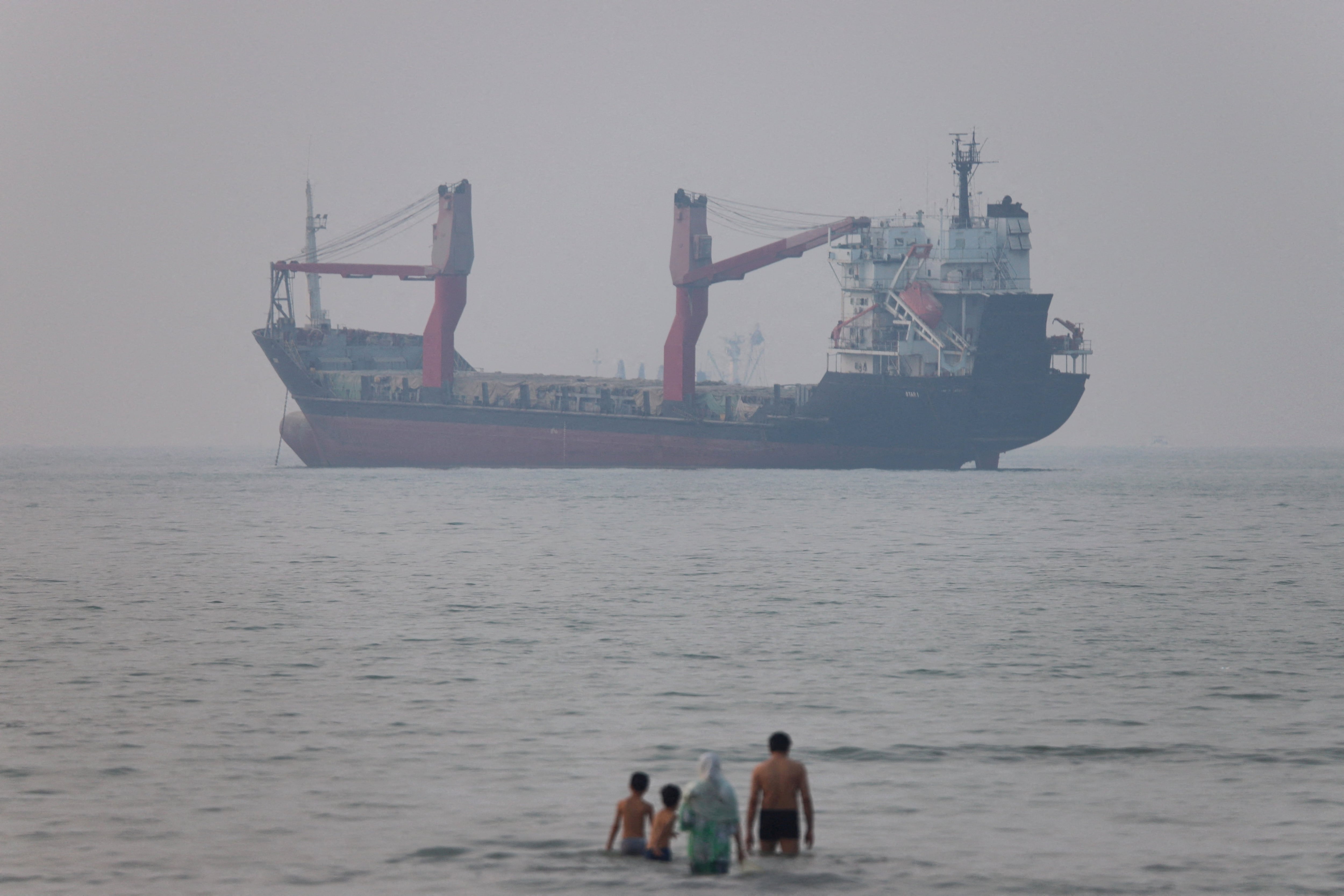 A cargo ship with red cranes is anchored at sea in front of a beach where several people are swimming.