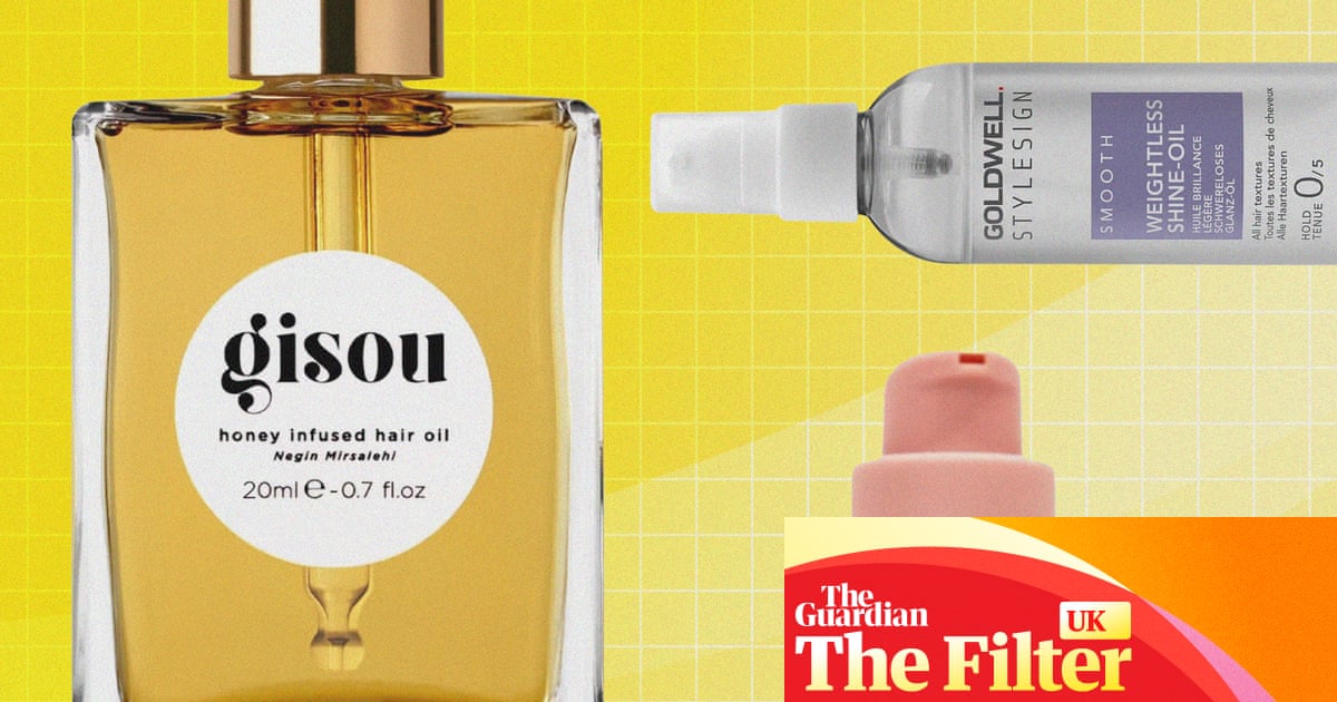 Three beauty and hair care products displayed against a yellow background: a bottle of Gisou honey-infused hair oil on the left, a Goldwell styling product in a grey bottle at the top right, and a pink-capped item at the bottom right.