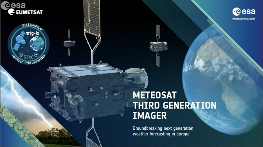 Ilustración técnica del satélite Meteosat Third Generation Imager (MTG-I2) contra un fondo oscuro con la Tierra visible y logos de la ESA y Eumetsat.