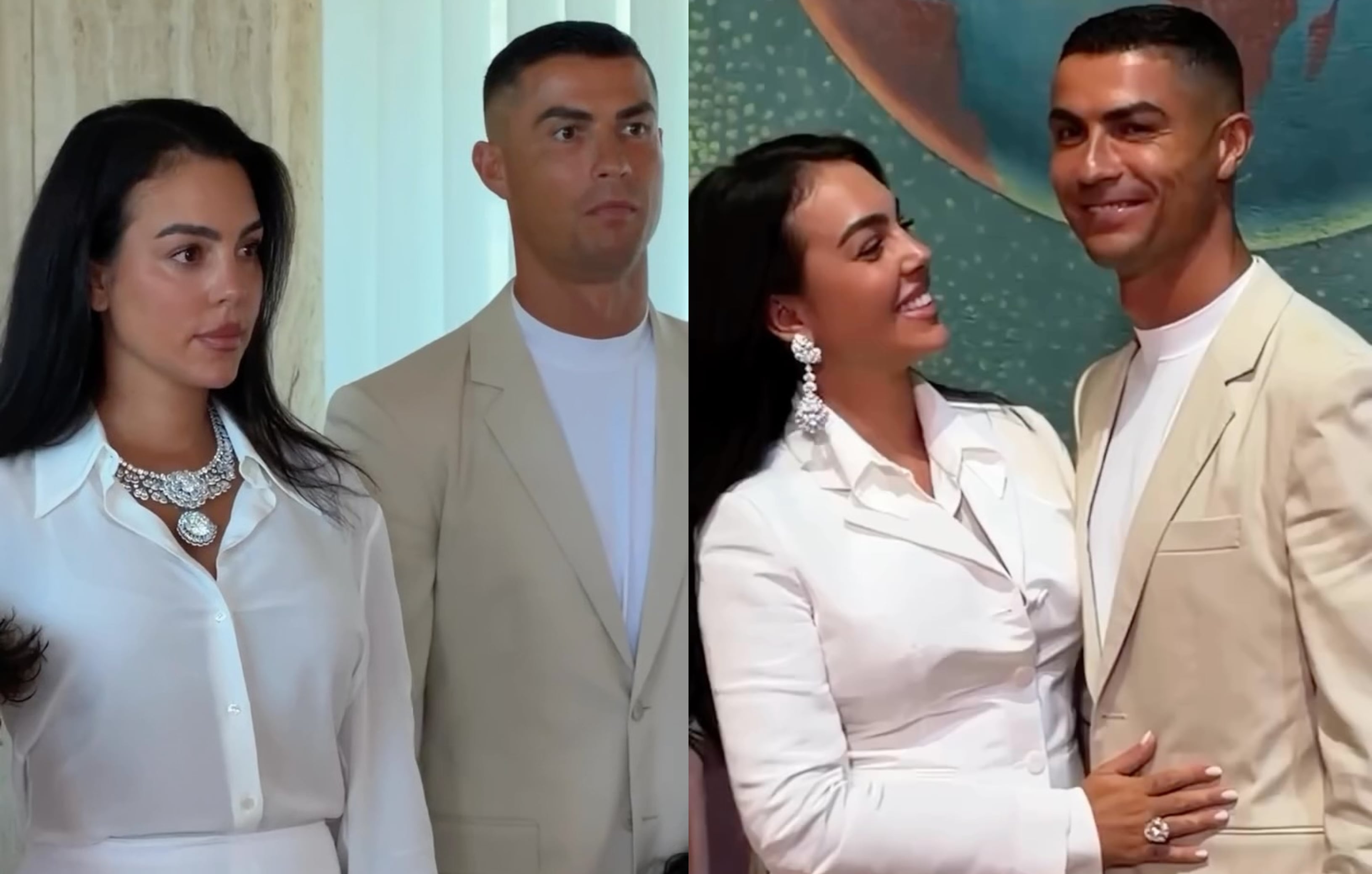 Two panels showing a couple at what appears to be a formal event or photoshoot - on the left they wear neutral-toned formal attire, and on the right the woman wears a white blazer and the man wears a beige jacket, both smiling.