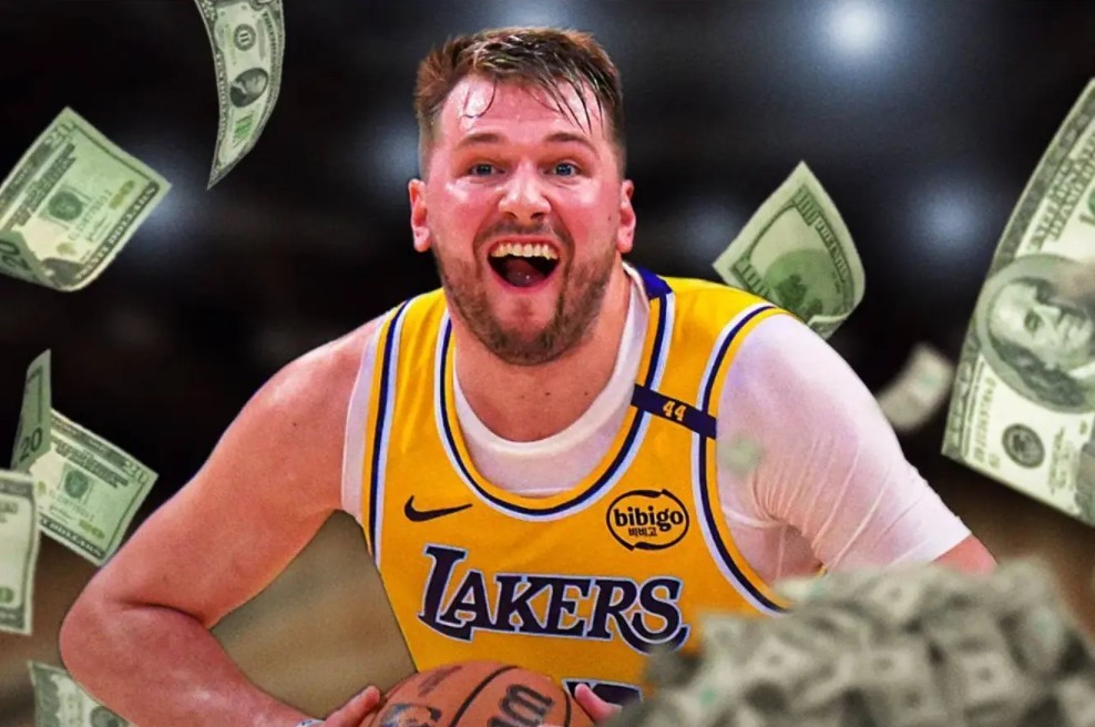 A basketball player wearing a yellow Lakers jersey smiles while holding a basketball, with digitally added dollar bills floating around him.