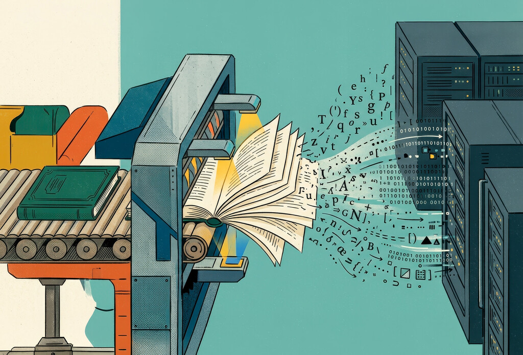An illustration showing an industrial machine converting books into digital data, with physical books on one side feeding a device that emits data and binary code towards computer servers.