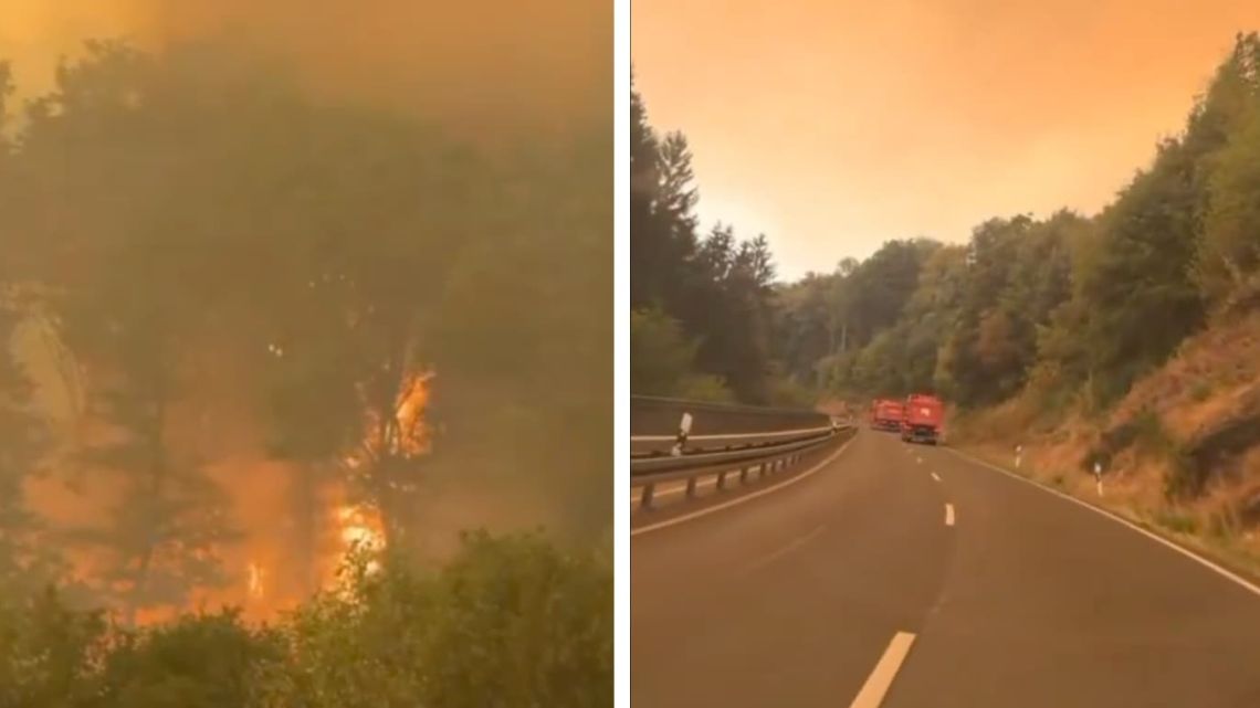A split-screen image showing on the left a massive wildfire with orange flames and thick smoke consuming vegetation in a forested area, and on the right a highway with a red truck driving away from the fire with charred hillsides and smoke visible in the distance.