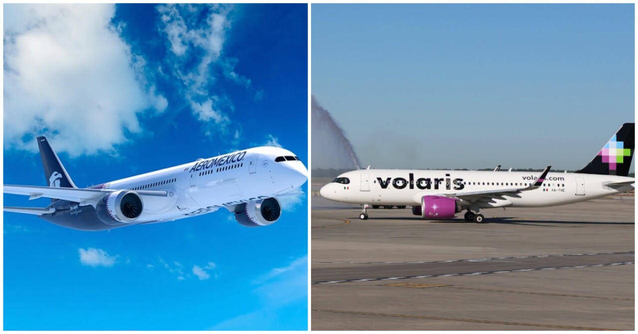 Dos aviones comerciales, uno de Aeroméxico en vuelo contra un cielo azul y otro de Volaris estacionado en una pista de aeropuerto.