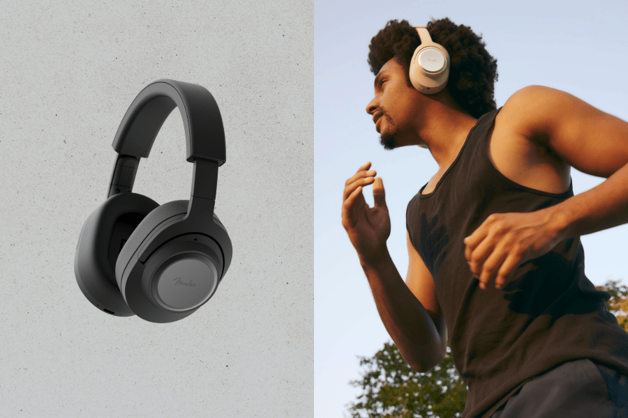 On the left, a pair of black over-ear headphones displayed against a white textured wall; on the right, a man wearing tan-colored headphones runs outdoors against a blue sky with trees visible in the background.