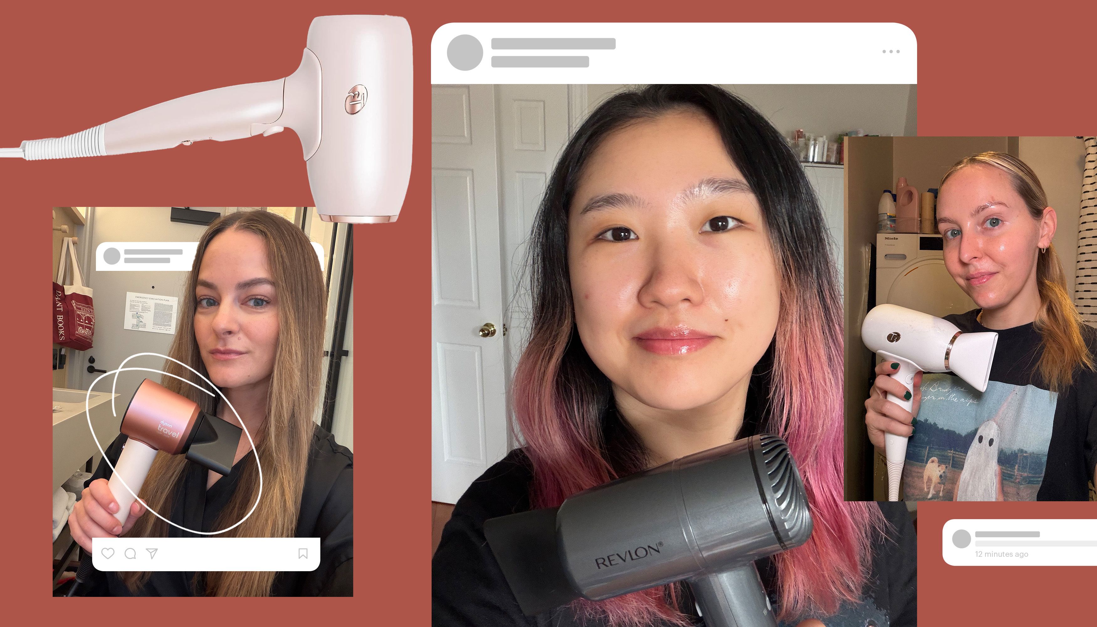 Multiple photos of women using and holding different hair dryers and styling tools against a terracotta background, including close-up shots of dryers and people demonstrating their use.