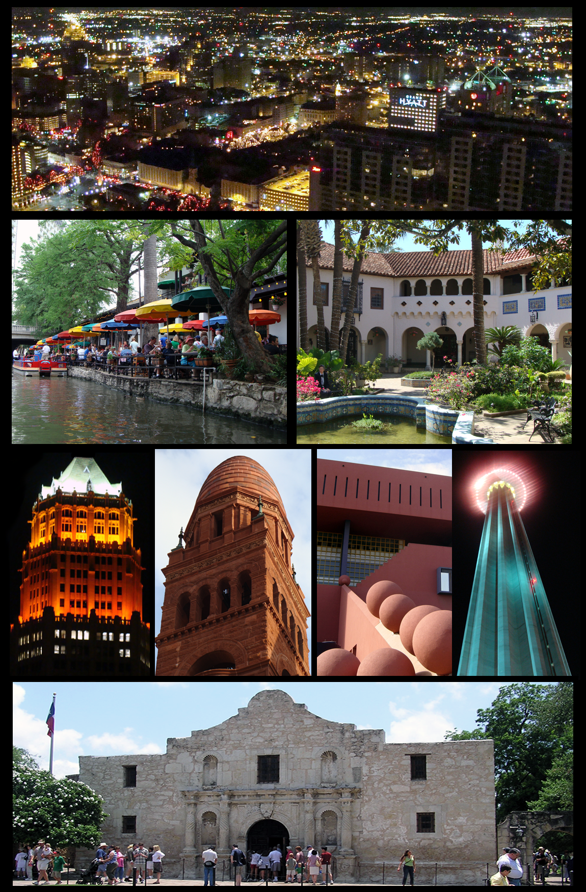 A collage of photographs showing various landmarks and scenes from San Antonio, Texas, including a nighttime cityscape, a riverside market area, a Spanish colonial mission courtyard, historic buildings, and the Alamo.