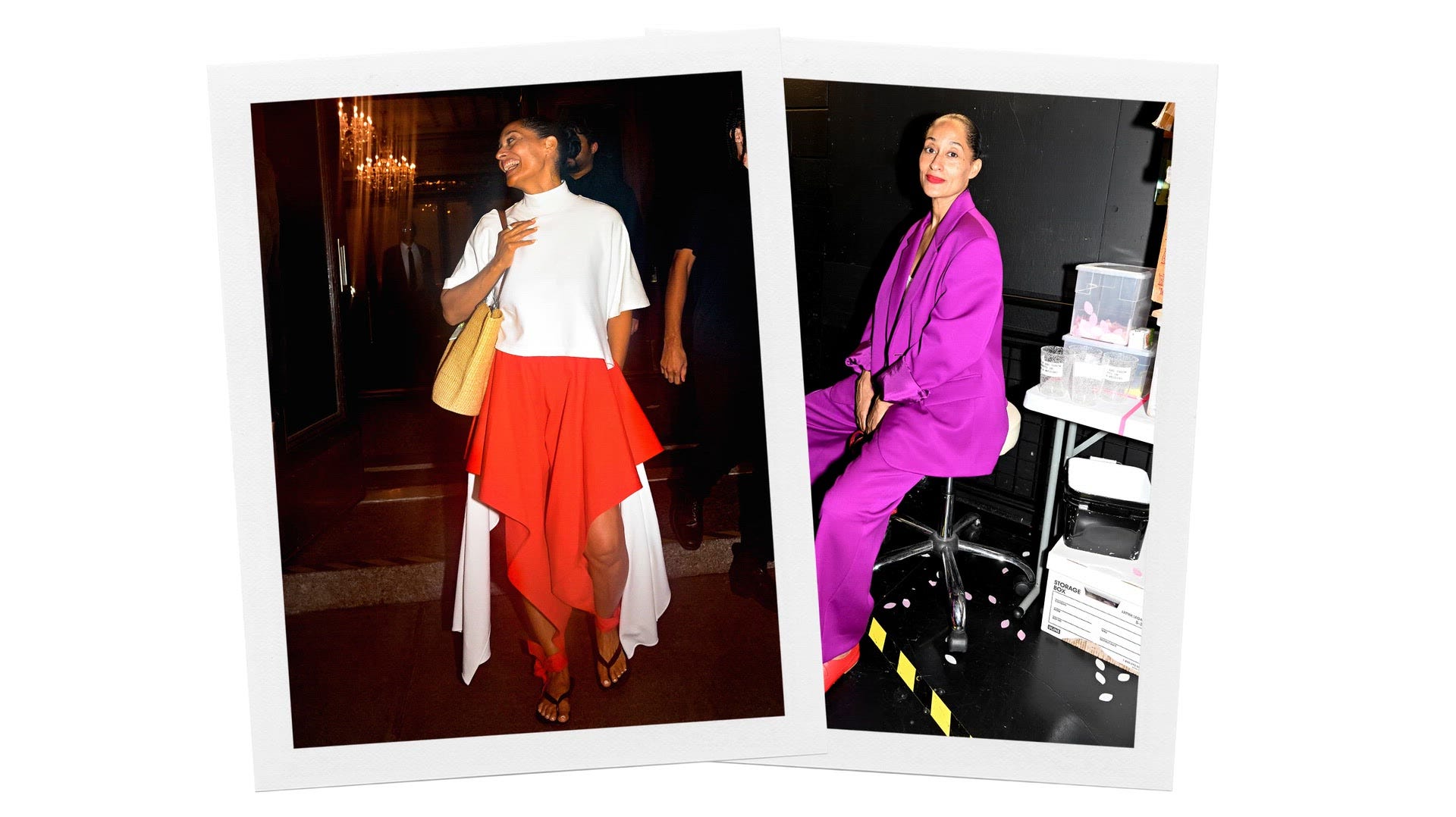 Two side-by-side photographs show a woman in different stylish outfits: on the left wearing a white t-shirt and flowing red skirt with a yellow bag, and on the right wearing a vibrant magenta blazer and pants while seated.