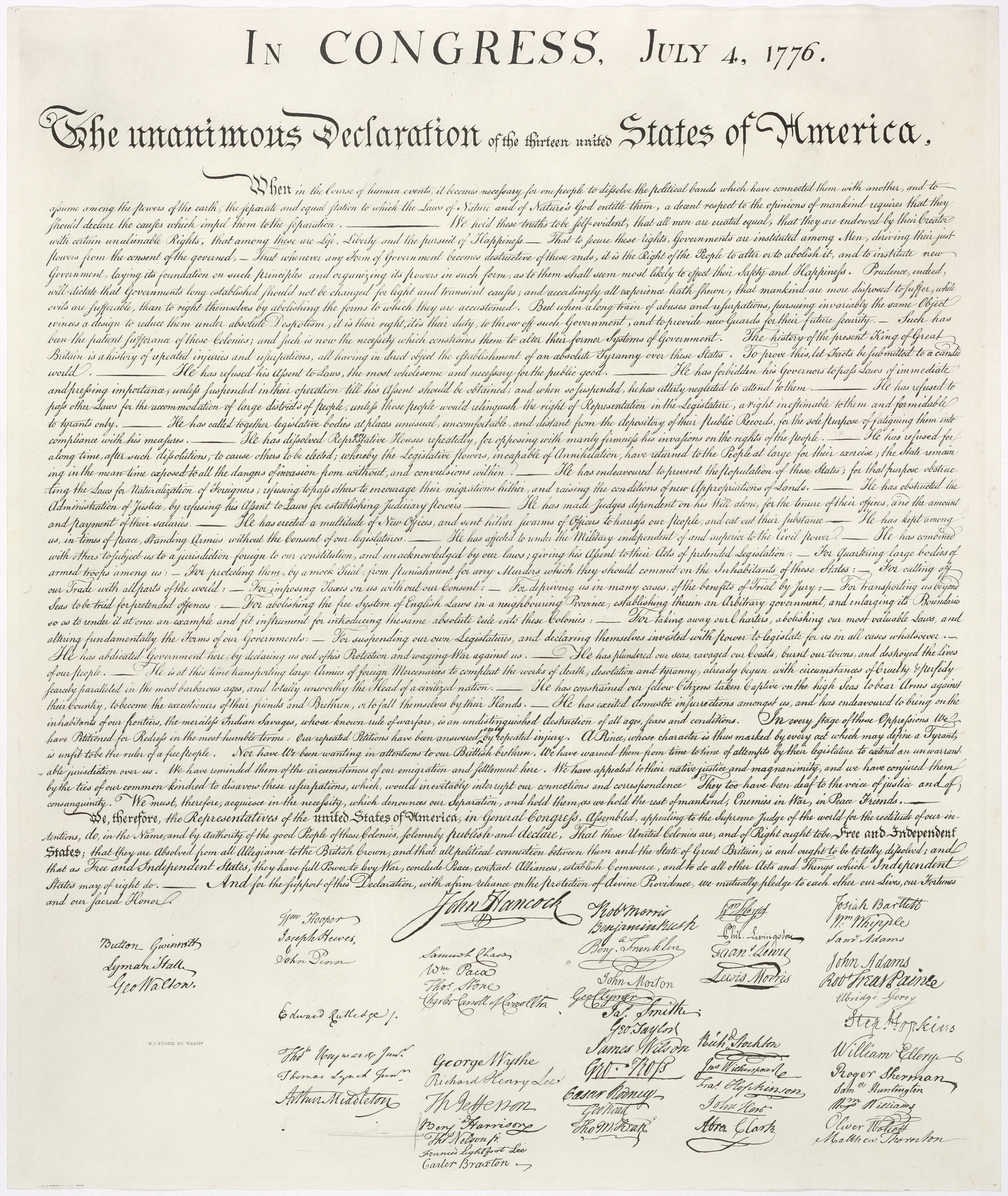 The original handwritten manuscript of the United States Declaration of Independence, dated 4 July 1776, showing the title at the top and multiple signatures of delegates at the bottom of the document.
