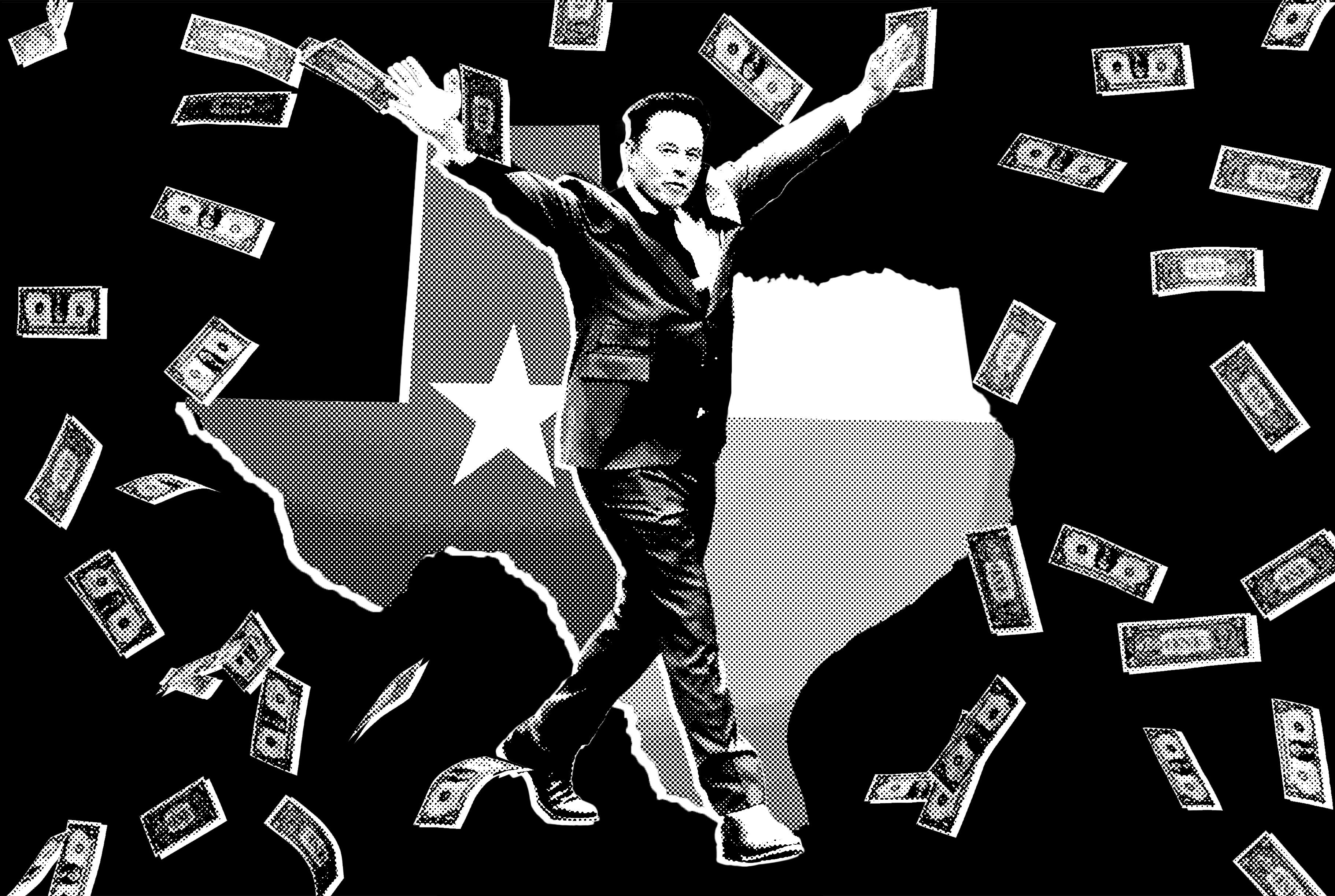 An illustration showing a man in a business suit with his arms raised triumphantly, positioned over an outline map of the United States, with scattered dollar bills flying around him against a black background.
