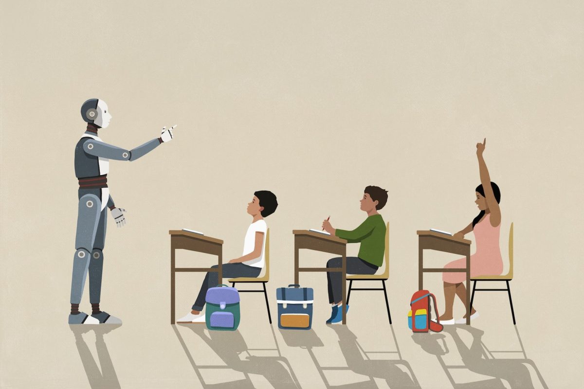 An illustration showing a humanoid robot standing to the left interacting with three children sitting at desks with backpacks, against a beige background.