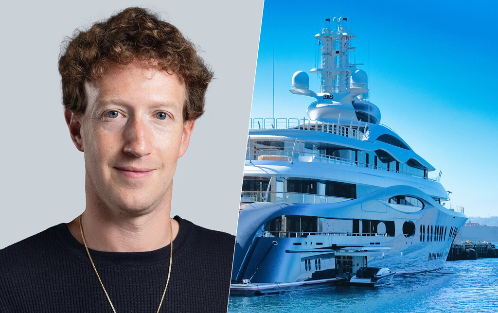 Composite image showing a portrait of a man with curly brown hair wearing a black shirt on the left, and a large blue luxury yacht on the right against a clear blue sky.