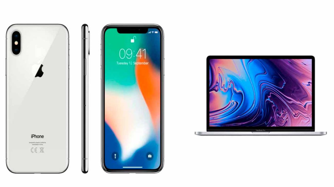 Three Apple devices shown side by side: a white iPhone X from the back, the same phone from the side profile, and an iPhone X from the front showing its home screen, plus a MacBook Pro laptop on the right displaying a colourful abstract wallpaper.