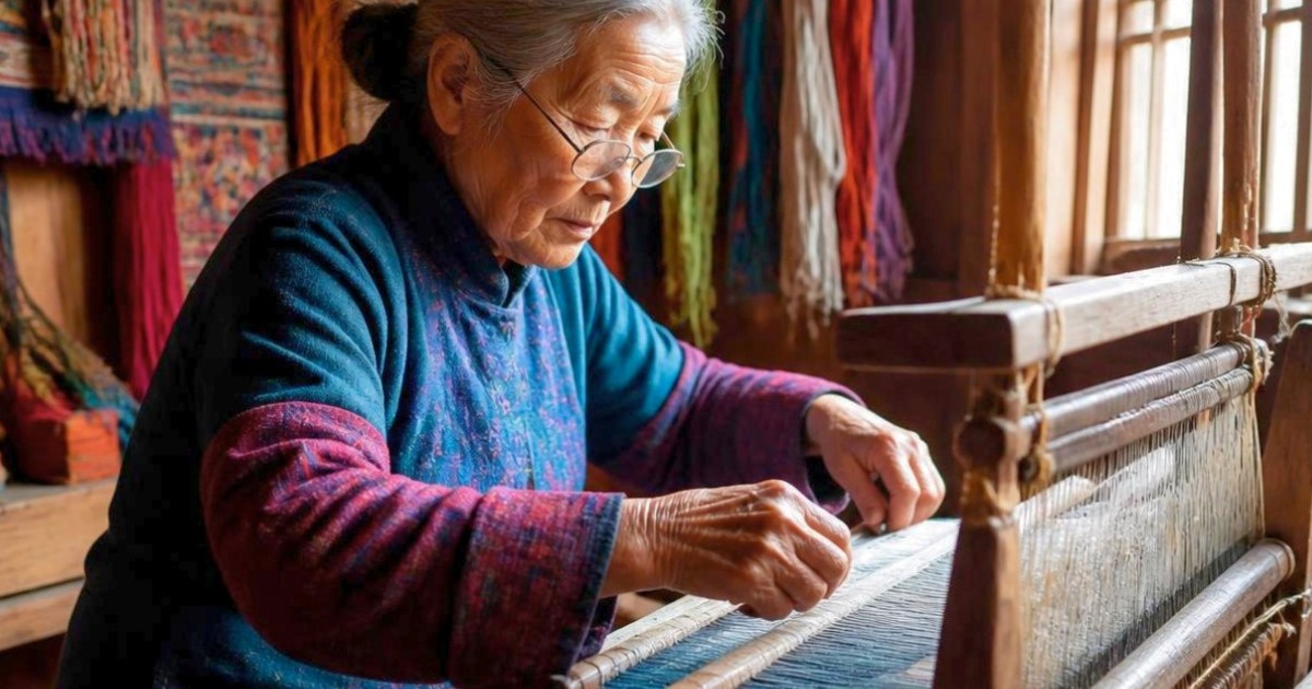 An elderly woman wearing glasses and traditional clothing works at a wooden loom, carefully manipulating threads to weave cloth.