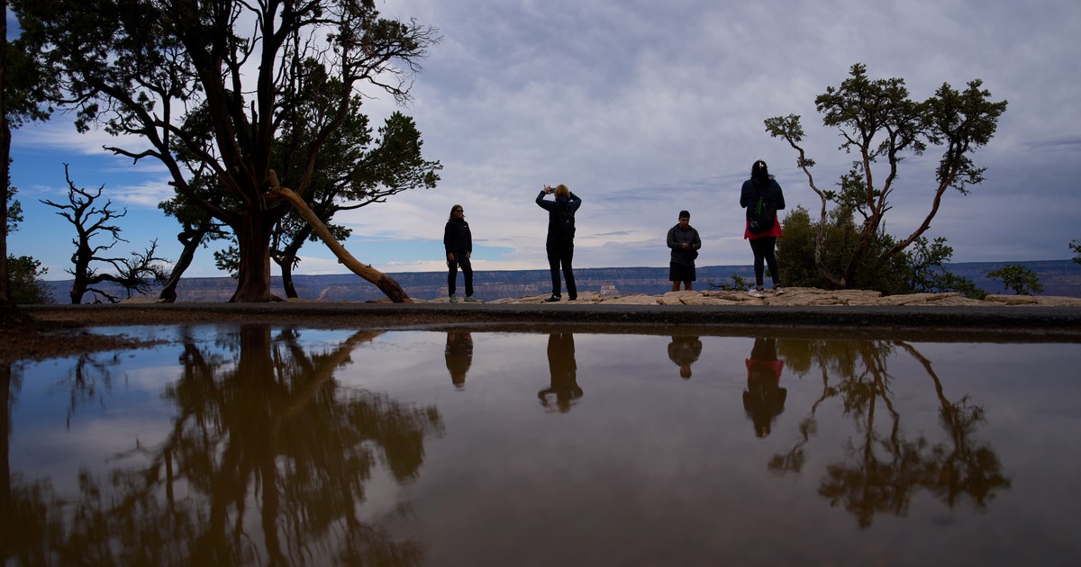 Cinco personas de pie reflejadas en un cuerpo de agua tranquila, con árboles nudosos y un cañón rocoso visible al fondo bajo un cielo nublado.